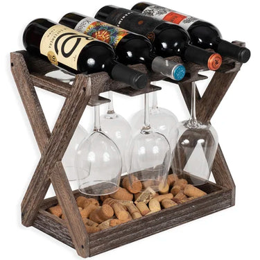 Selman 4 Bottle Solid Wood Tabletop Wine Bottle & Glass Rack in Torched Brown